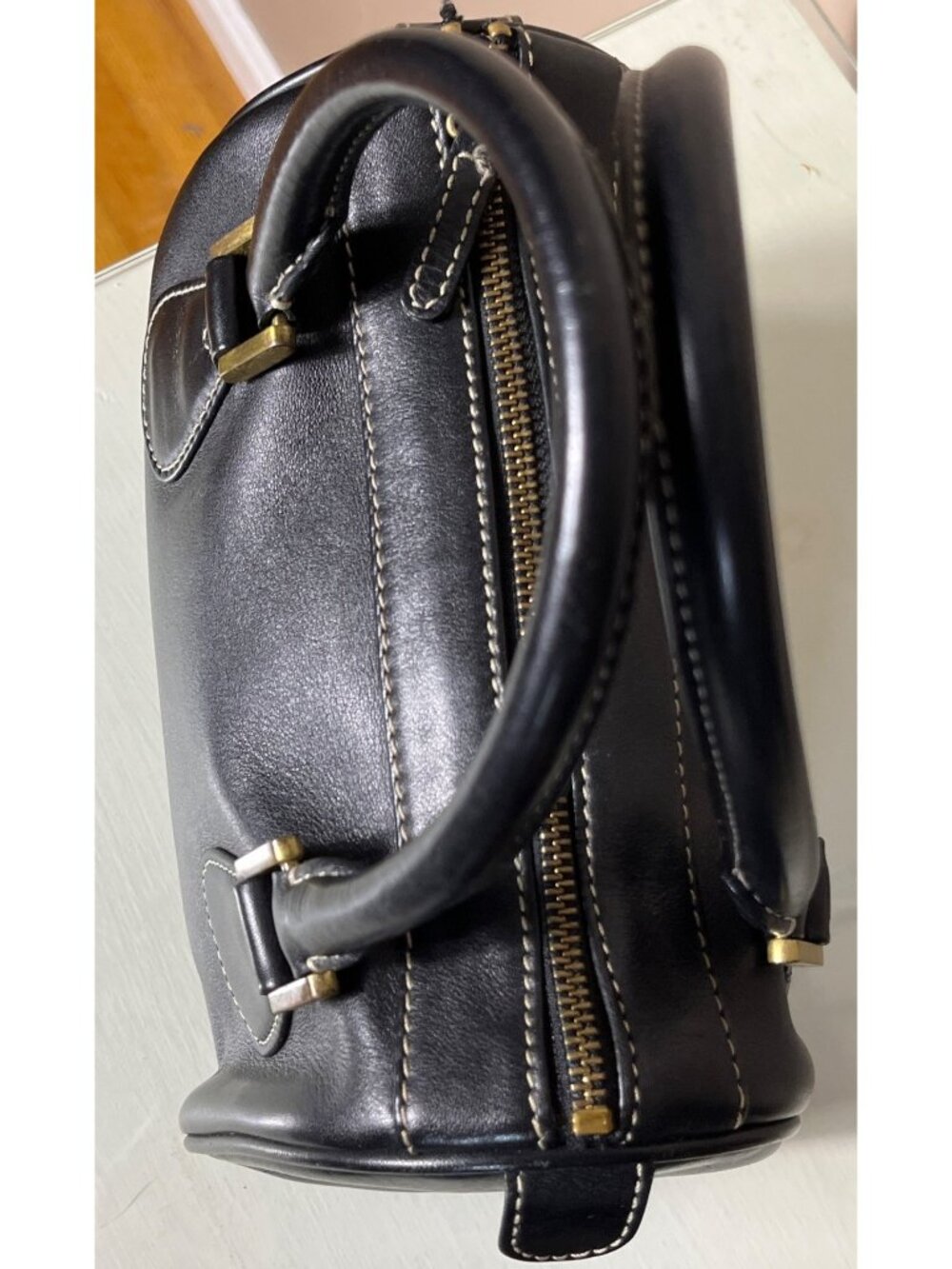J Crew Leather Black Satchel Small 8.5x5 Top Handles Structured Roomy Bag Purse - Picture 15 of 16